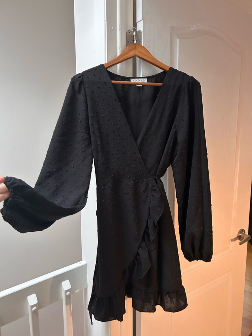 HYFVE Black Textured Wrap Ruffle Long-Sleeve Dress